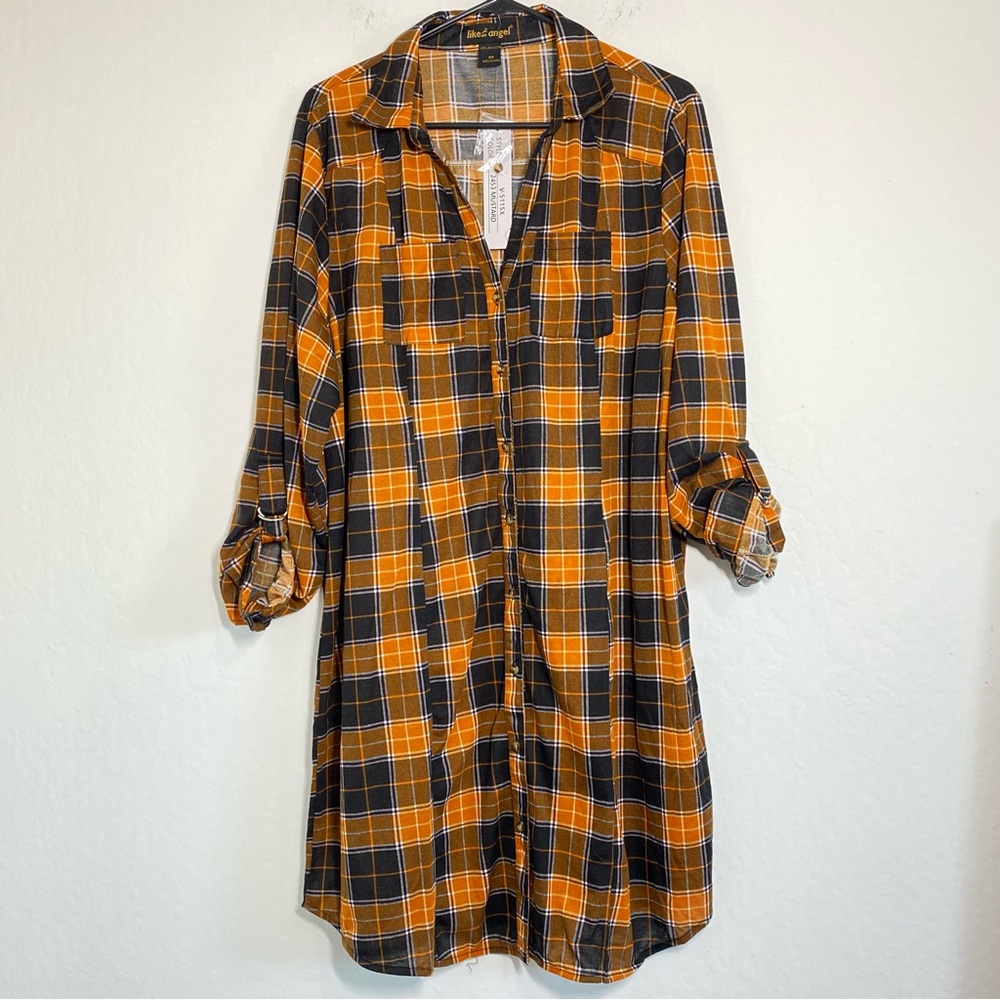 Like An Angel Women’s 2X Orange Black Flannel Button Down Shirt Dress V Neck NWT